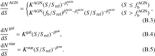 Mathematical equation: \appendix \setcounter{section}{2} \begin{eqnarray} \label{eq:UPS2} &&\frac{{\rm{d}}N}{{\rm{d}}S}^\text{AGN} = \begin{cases} K^\text{AGN}(S/S_\text{ref})^{-\beta_1^\text{AGN}} & (S\le f_{\rm b}^\text{AGN}) \\ K^\text{AGN}(f_{\rm b}/S_\text{ref})^{\beta_2^\text{AGN}-\beta_1^\text{AGN}}(S/S_\text{ref})^{-\beta_2^\text{AGN}} & (S> f_{\rm b}^\text{AGN}) \end{cases} ,\\ \label{eq:UPS3} &&\frac{{\rm{d}}N}{{\rm{d}}S}^\text{gal} = K^\text{gal}(S/S_\text{ref})^{-\beta^\text{gal}} ,\\ \label{eq:UPS4} &&\frac{{\rm{d}}N}{{\rm{d}}S}^\text{star} = K^\text{star}(S/S_\text{ref})^{-\beta^\text{star}}. \end{eqnarray}
