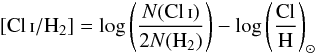 Mathematical equation: \begin{eqnarray} {\rm [\mbox{\ClI}/H_2]} = \log\left( \frac{N({\mbox{\ClI})}}{2N({\rm H}_2)} \right) - \log\left(\frac{{\rm Cl}}{{\rm H}}\right)_{\odot} \label{ClH2} \end{eqnarray}