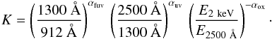 Mathematical equation: \begin{eqnarray} K= \left( \frac{1300~\AA}{912~\AA}\right)^{\alpha_{\rm fuv}}\, \left( \frac{2500~\AA}{1300~\AA}\right)^{\alpha_{\rm uv}}\, \left( \frac{E_{2~{\rm keV}}}{E_{2500~\AA}}\right)^{-\alpha_{\rm ox}}\cdot \label{eq:Kcor} \end{eqnarray}