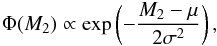 Mathematical equation: $$ \Phi(M_2) \propto \exp\left(-\frac{M_2-\mu}{2 \sigma^2}\right), $$