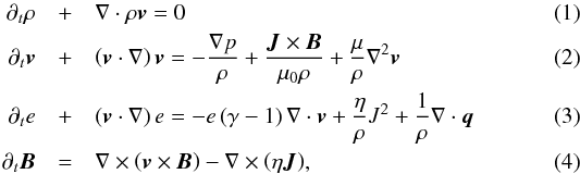 \begin{eqnarray} \label{eq:primitives_rho} \partial_t \rho & + & \diver{\rho\vec{v}} = 0 \\ % \label{eq:primitives_v} \partial_t \vec{v} & + & \left(\vec{v}\cdot\nabla\right) \vec{v} = -\frac{\nabla p}{\rho} + \frac{\vec{J}\times\vec{B}}{\mu_0\rho} + \frac{\mu}{\rho}\nabla^2\vec{v} \\ % \label{eq:primitives_e} \partial_t e & + & \left(\vec{v}\cdot\nabla\right)e = - e \left( \gamma -1 \right) \diver{\vec{v}} + \frac{\eta}{\rho} J^2 + \frac{1}{\rho}\diver{\vec{q}} \\ % \label{eq:primitives_b} \partial_t\vec{B} & = & \rot{\left(\vec{v}\times\vec{B}\right)} - \rot{\left( \eta \vec{J} \right)} , \end{eqnarray}