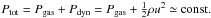 Mathematical equation: \hbox{$P_{\rm tot} = P_{\rm gas} + P_{\rm dyn} = P_{\rm gas} + \tfrac{1}{2} \rho u^2 \simeq \text{const.}$}