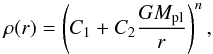 Mathematical equation: \begin{equation} \label{EQ_polytrope} \rho(r) = \left( C_1 + C_2 \frac{G M_{\rm pl}}{r}\right)^n, \end{equation}