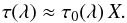 \begin{equation} \label{eq:opticaldepth} \tau(\lambda) \approx \tau_0(\lambda)\,X. \end{equation}