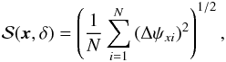 \begin{eqnarray} \DeltaAng (\vect{x},\lag)=\left( \frac{1}{N} \sum_{i=1}^{N}{\left(\DeltaAngInner_{xi}\right)^2} \right)^{1/2}, \label{equ:delta_phi1} \end{eqnarray}