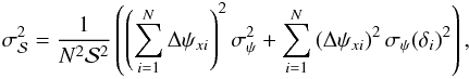 \begin{eqnarray} \sigma_{\DeltaAng}^2 =\frac{1}{N^2\DeltaAng^2} \left( \left(\sum_{i=1}^{N}{\DeltaAngInner_{xi}}\right)^2\sigma_{\polang}^2+ \sum_{i=1}^{N}{ \left(\DeltaAngInner_{xi}\right)^2 \sigpolang(\lag_i)^2} \right), \label{equ:sigma_delta_phi} \end{eqnarray}