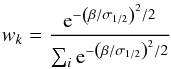 \appendix \setcounter{section}{1} \begin{eqnarray} \w = \frac{\exp^{-\left(\betaSK/\sigFWHM\right)^2/2}}{\sum_i \exp^{-\left(\betaJI/\sigFWHM\right)^2/2}} \label{Eq-w} \end{eqnarray}