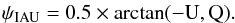 \begin{eqnarray} \polangiau=0.5 \times \arctan(-{\rm U},{\rm Q}). \end{eqnarray}