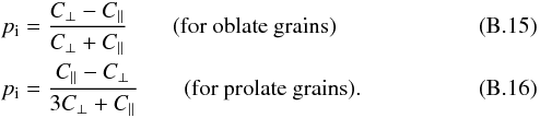 \appendix \setcounter{section}{2} \begin{eqnarray} &&p_\mathrm{i}=\frac{C_\perp-C_\parallel}{C_\perp+C_\parallel}\qquad\textrm{(for oblate grains)} \\ &&p_\mathrm{i}=\frac{C_\parallel-C_\perp}{3C_\perp+C_\parallel}\qquad\textrm{(for prolate grains).} \end{eqnarray}