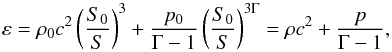 \begin{equation} \varep = \rh_0 c^2 \left ( \frac{S_0}{S} \right )^3 + \frac{p_0}{\Gm - 1} \left ( \frac{S_0}{S} \right )^{3 \Gm} = \rh c^2 + \frac{p}{\Gm -1} , \end{equation}