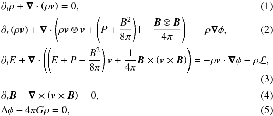 \begin{eqnarray} && \partial_t \rho + \vec{\nabla} \cdot \left( \rho \vec{v} \right) = 0, \\ && \partial_t \left( \rho \vec{v} \right) + \vec{\nabla} \cdot \left( \rho \vec{v} \otimes \vec{v} + \left( P + \frac{B^2}{8\pi} \right) \tens{I} - \frac{\vec{B} \otimes \vec{B}}{4\pi} \right) = -\rho\vec{\nabla} \phi, \\ && \partial_t E + \vec{\nabla} \cdot \left(\left( E + P - \frac{B^2}{8\pi} \right) \vec{v} + \frac{1}{4\pi} \vec{B} \times \left( \vec{v} \times \vec{B} \right) \right) = -\rho \vec{v} \cdot \vec{\nabla} \phi - \rho\mathcal{L}, \\ && \partial_t \vec{B} - \vec{\nabla} \times \left( \vec{v} \times \vec{B} \right) = 0, \\ && \Delta \phi - 4\pi G \rho = 0, \end{eqnarray}