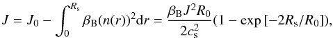 \begin{eqnarray} \label{eq:ionflux} J = J_\m{0} - \int_0^{R_\m{s}} \beta_\m{B} (n(r))^2 \m{d}r = \frac{\beta _\m{B}J^2R_\m{0}}{2c_\m{s}^2}(1-\exp\left[-2R_\m{s}/R_\m{0}\right]), \end{eqnarray}