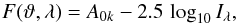\begin{equation} F(\vartheta,\lambda)=A_{0k}-2.5\,\log_{10} I_{\lambda}, \label{LC_model} \end{equation}