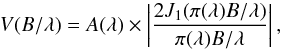 \begin{equation} \label{eq:model} V(B/\lambda)=A(\lambda) \times \left| \frac{2J_{1}(\pi \O(\lambda) B/\lambda)}{\pi \O(\lambda) B/\lambda} \right| , \end{equation}