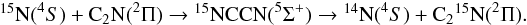 \appendix \setcounter{section}{1} \begin{eqnarray*} \fN(^{4}S) + \CCN (^2\Pi) \rightarrow \fNCCN (^5\Sigma^+) \rightarrow \nN(^{4}S) + \CCfN (^2\Pi). \end{eqnarray*}