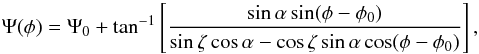 \begin{equation} \label{eq:rvmeq} \Psi(\phi)=\Psi_0+\tan^{-1}\left[\frac{\sin\alpha\sin(\phi-\phi_0)}{\sin\zeta\cos\alpha-\cos\zeta\sin\alpha\cos(\phi-\phi_0)}\right], \end{equation}