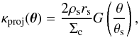 \begin{eqnarray} \label{for:WL_1} \kappa_\proj(\btheta) = \frac{2\rho_\ssss r_\ssss}{\Sigma_\cccc} G\left(\frac{\theta}{\theta_\ssss}\right), \end{eqnarray}