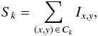 \begin{equation} S_k = \sum_{(x,y)\,\in\, C_k} I_{x,y} \text{,} \label{eq:1} \end{equation}