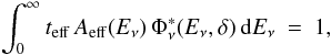 Mathematical equation: \appendix \setcounter{section}{1} \begin{eqnarray} \int_{0}^{\infty} t_{\rm eff} \, A_{\rm eff}(E_{\nu}) \, \Phi_{\nu}^*(E_{\nu},\delta) \, {\rm d} E_{\nu} ~ = ~ 1, \end{eqnarray}