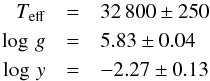 \begin{eqnarray*} T_{\rm eff}&=&32\,800\pm 250\\ \log\,{g}&=&5.83\pm0.04\\ \log\,{y}&=&-2.27 \pm 0.13 \end{eqnarray*}