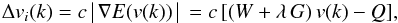 \begin{equation} \Delta v_i(k) = c \big\arrowvert \nabla{E(v(k))} \big\arrowvert = c\, [ (W+\lambda \, G) \,v(k)-Q], \label{delta_x} \end{equation}