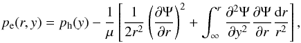 \begin{equation} \label{eq:eq_gas_press} p_{\rm e}(r,y) = p_{\rm h}(y) - \frac{1}{\mu} \left[\frac{1}{2r^2}\left(\frac{\partial \Psi}{\partial r}\right)^2 + \int_{\infty}^r \frac{\partial^2 \Psi}{\partial y^2}\frac{\partial \Psi}{\partial r} \frac{{\rm d}r}{r^2} \right] , \end{equation}