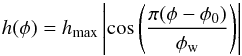\begin{equation} h(\phi)=h_{\rm max}\left|\cos\left(\frac{\pi(\phi-\phi_0)}{\phi_{\rm w}}\right)\right| \end{equation}