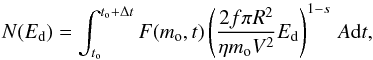 \begin{equation} N(E_{\rm d})=\int_{t_{\rm o}}^{t_{\rm o}+\Delta t} F(m_{\rm o},t) \left(\frac{2f\pi R^2}{\eta m_{\rm o} V^2}E_{\rm d}\right)^{1-s}\,A\mathrm{d}t, \end{equation}