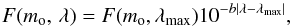 \begin{equation} F(m_{\rm o},\,\lambda)=F(m_{\rm o},\lambda_{\rm max})10^{-b|\lambda-\lambda_{\rm max}|}, \end{equation}