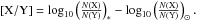 \hbox{${\rm [X/Y]}=\log_{10} {\left( {\frac{N({\rm X})}{N({\rm Y})}}\right)_{*}} - \log_{10}{\left({\frac{N({\rm X})}{N({\rm Y})}}\right)_{\sun}.}$}