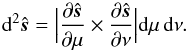\begin{equation} {\rm d}^2\hat{\boldsymbol s} = \Big|\frac{\partial\hat{\boldsymbol s}}{\partial\mu}\times\frac{\partial\hat{\boldsymbol s}}{\partial\nu}\Big| {\rm d}\mu\, {\rm d}\nu . \label{element} \end{equation}