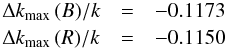 \begin{equation} \label{deltak20} \begin{array}{lcl} \Delta k_{\max} \,(B)/k & = & -0.1173 \\ \Delta k_{\max} \,(R)/k & = & -0.1150 \\ \end{array} \\ \end{equation}