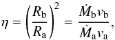 \begin{eqnarray*} \eta = \left(\frac{R_{\rm b}}{R_{\rm a}}\right)^2 = \frac{\dot{M}_{\rm b} v_{\rm b}}{\dot{M}_{\rm a} v_{\rm a}}, \end{eqnarray*}