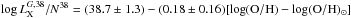 \hbox{$\log L_{\rm X}^{G,38} / N^{38} = (38.7 \pm 1.3) - (0.18 \pm 0.16) [\log ({\rm O}/{\rm H}) - \log ({\rm O}/{\rm H})_\odot]$}