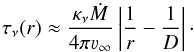 \begin{equation} \label{zamlhoup} \tau_\nu(r)\approx \frac{\kappa_\nu\dot M}{4\pi \varv_\infty} \left| {\frac{1}{r}-\frac{1}{D}} \right| \cdot \end{equation}