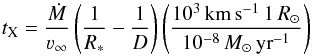 \begin{equation} \label{tx} \x t=\frac{\dot M}{\varv_\infty}\zav{\frac{1}{R_*}-\frac{1}{D}} \zav{\frac{10^3\,\text{km}\,\text{s}^{-1}\,1\,R_\odot} {10^{-8}\,{M}_\odot\,\text{yr}^{-1}}} \end{equation}