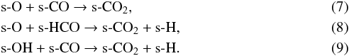 \begin{eqnarray} \label{react1} &&\text{s-O} + \text{s-CO}\rightarrow \text{s-CO}_{2}, \\ \label{react2} &&\text{s-O}+\text{s-HCO}\rightarrow \text{s-CO}_{2}+\text{s-H}, \\ \label{react3} &&\text{s-OH}+\text{s-CO}\rightarrow\text{s-CO}_{2}+\text{s-H}. \end{eqnarray}