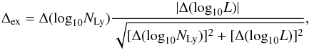 \begin{equation} \Dex=\Delta(\log_{10}\Nly) \frac{|\Delta(\log_{10}L)|} {\sqrt{[\Delta(\log_{10}\Nly)]^2+[\Delta(\log_{10}L)]^2}} \label{edex}, \end{equation}