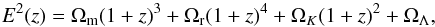 \begin{equation} \label{e.fl1} E^2(z)=\Omega_{\rm m}(1+z)^3 + \Omega_{\rm r}(1+z)^4 + \Omega_K(1+z)^2 +\Omega_\Lambda, \end{equation}