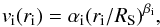 \begin{equation} \label{eq:varb} v_{\rm{i}}(r_{\rm{i}}) = \alpha_{\rm{i}} (r_{\rm{i}}/R_{\rm S})^{\beta_{\rm{i}}}, \end{equation}