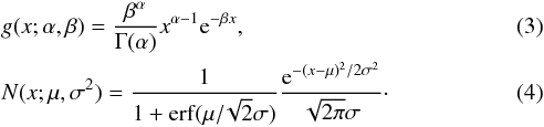 \begin{eqnarray} &&g(x; \alpha,\beta) = \frac{\beta^\alpha}{\Gamma(\alpha)} x^{\alpha-1} {\rm e}^{- \beta x}, \label{pdf_ve1}\\ &&N(x; \mu, \sigma^2) = \frac{1} { 1+\mathrm{erf}(\mu /\!\sqrt{2}\sigma)} \frac{{\rm e}^{-(x-\mu)^2 / 2 \sigma^2} }{\sqrt{2 \pi} \sigma} \label{pdf_ve2}\cdot \end{eqnarray}