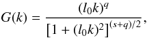 \begin{equation} \label{eq:model-turbulence-energy-spectrum} G(k) = \frac{(l_0 k)^q}{\left [ 1 + (l_0 k)^2 \right]^{(s+q)/2}}, \end{equation}