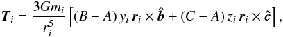 \appendix \setcounter{section}{1} \begin{eqnarray} \vv{T}_i = \frac{3 G m_i}{r_i^5} \left[ (B-A) \, y_i \, \vr_i \times \vj + (C-A) \, z_i \, \vr_i \times \vk \right] , \label{050104b} \end{eqnarray}