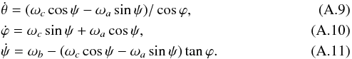 \appendix \setcounter{section}{1} \begin{eqnarray} \label{150627b} && \dot\theta = (\omega_c \cos\psi - \omega_a \sin\psi)/\cos\vp , \\ \label{150703e} && \dot\vp = \omega_c \sin\psi + \omega_a \cos\psi , \\ \label{150703f} && \dot\psi = \omega_b - (\omega_c \cos\psi - \omega_a \sin\psi) \tan\vp . \end{eqnarray}