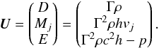 \begin{equation} \label{eq:cons_prim} {\vec{U}}= \begin{pmatrix} D \\ M_j\\ E \end{pmatrix} = \begin{pmatrix} \Gamma \rho \\ \Gamma^2 \rho h v_j\\ \Gamma^2\rho c^2 h -p \end{pmatrix} . \end{equation}