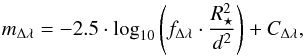\appendix \setcounter{section}{1} \begin{equation} m_{\Delta \lambda} = - 2.5 \cdot \log_{10} \left(f_{\Delta \lambda} \cdot \frac{R^2_\star}{d^2}\right) + C_{\Delta \lambda} , \end{equation}