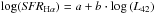 \hbox{$\log(\textit{SFR}_{\rm H\alpha}) = a + b\cdot\log\left(L_{42}\right)$}
