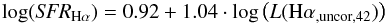 \begin{equation} \log(\textit{SFR}_{\rm H\alpha}) = 0.92 + 1.04\cdot\log\left(L({\rm{H}\alpha_{\rm{,uncor,42}}})\right) \end{equation}