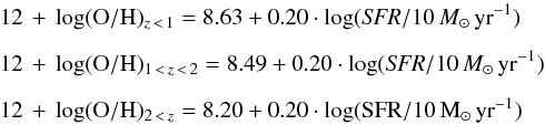 \begin{eqnarray} \label{eq:ohsfr} &&\oh_{z\,<\,1} = 8.63 + 0.20\cdot \log(\textit{SFR}/10\,M_\odot\,{\rm yr}^{-1}) \notag \\[1.5mm] &&\oh_{1\,<\,z\,<\,2} = 8.49 + 0.20\cdot \log(\textit{SFR}/10\,M_\odot\,{\rm yr}^{-1}) \notag\\[1.5mm] &&\oh_{2\,<\,z} = 8.20 + 0.20\cdot \log(\rm{SFR/10\,M_\odot\,{\rm yr}^{-1}}) \end{eqnarray}