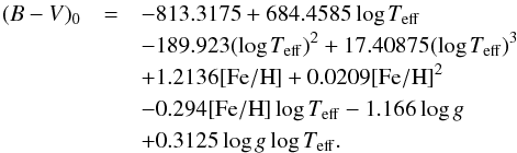 \begin{eqnarray} (B-V)_0 & = & -813.3175 + 684.4585\log T_{\rm eff} \nonumber \\ && - 189.923(\log T_{\rm eff})^2 + 17.40875(\log T_{\rm eff})^3 \nonumber \\ && + 1.2136[{\rm Fe/H}] + 0.0209[{\rm Fe/H}]^2 \nonumber \\ && - 0.294[{\rm Fe/H}]\log T_{\rm eff} -1.166\log g \nonumber \\ && + 0.3125\log g\log T_{\rm eff} . \end{eqnarray}